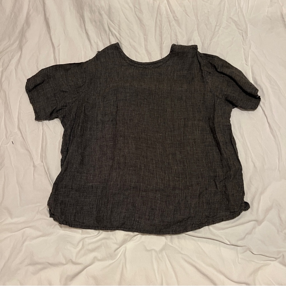 FLAX 100% Linen Boxy Short Sleeve Black Top LARGE VTG